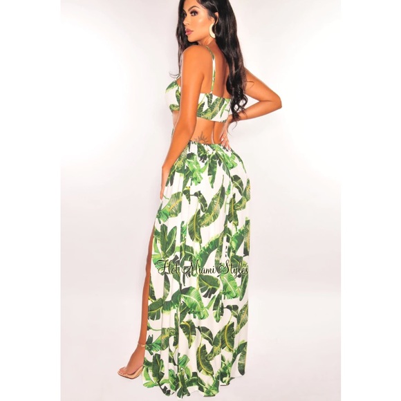 🌺Hot Miami Styles White Palm Cut Out Double Slit Maxi Dress🌿 - Picture 2 of 3